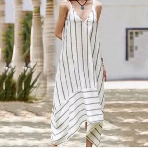 Terzo Millenio 100% Linen White and Navy Midi Shift Sundress, size L